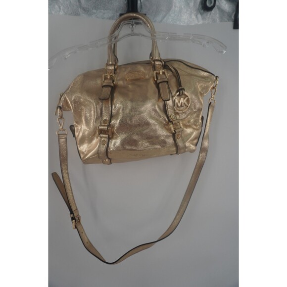 Michael Kors Handbags - Michael Kors Metallic Gold Leather Satchel Crossbody Front Buckles MK Medallion